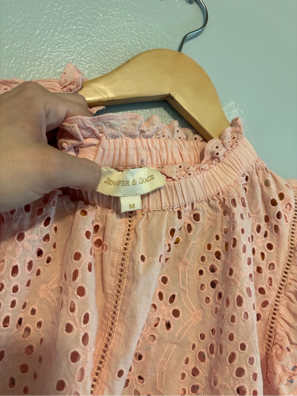 Jennifer & Grace Pink Eyelet Ruffle Neck Blouse - Picture 3 of 6